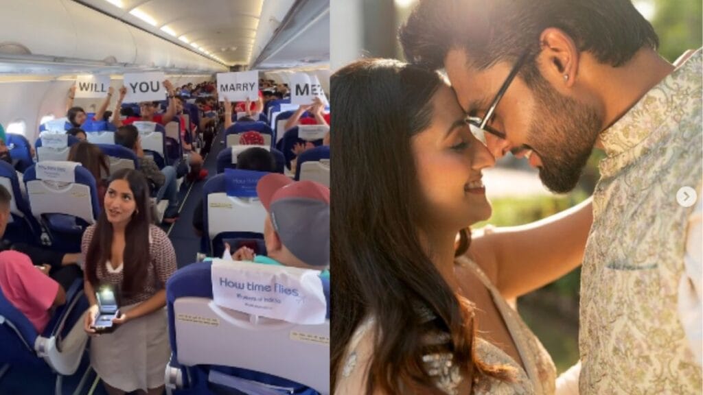 Indigo Flight Proposal Video Aishwarya Bansal Proposes her Boyfriend Amulya Goyal on knees